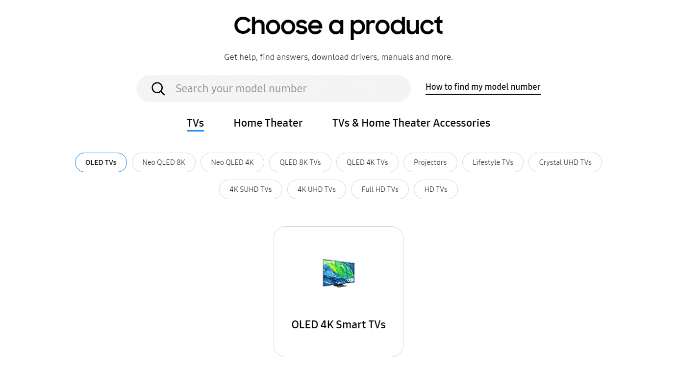 Buka Halaman Pusat Unduhan Samsung dan pilih model TV Anda. Perbaiki Error Model Bind di Samsung TV