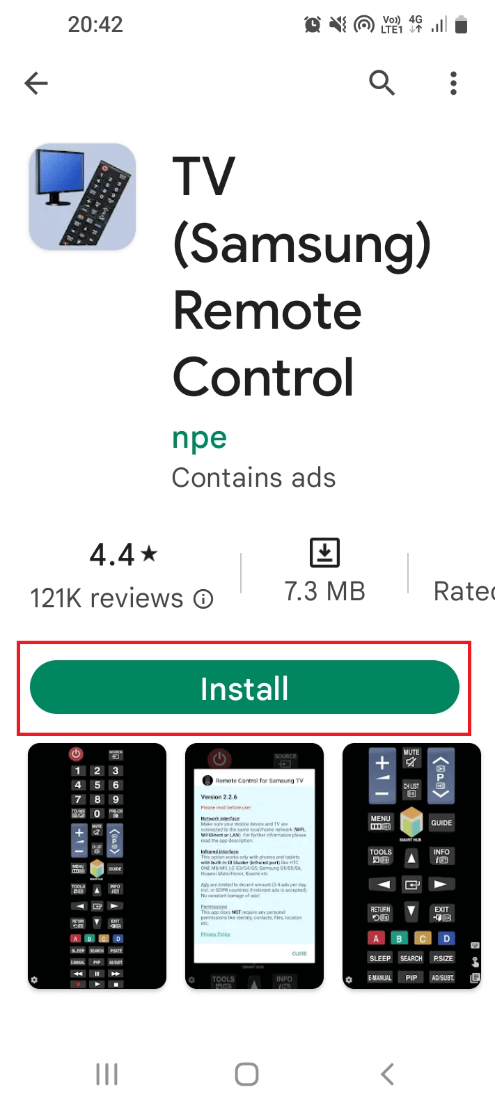 Ketuk tombol Instal di aplikasi TV Samsung Remote Control