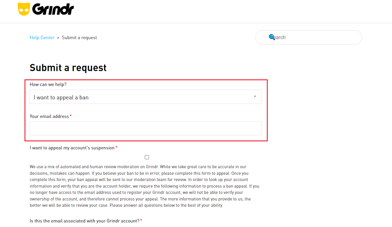 เลือก ฉันต้องการอุทธรณ์การแบนจากช่องรายการแบบเลื่อนลง How can we help - ป้อนที่อยู่อีเมลของคุณในฟิลด์ที่เกี่ยวข้อง | Grindr Bans ถาวรหรือไม่