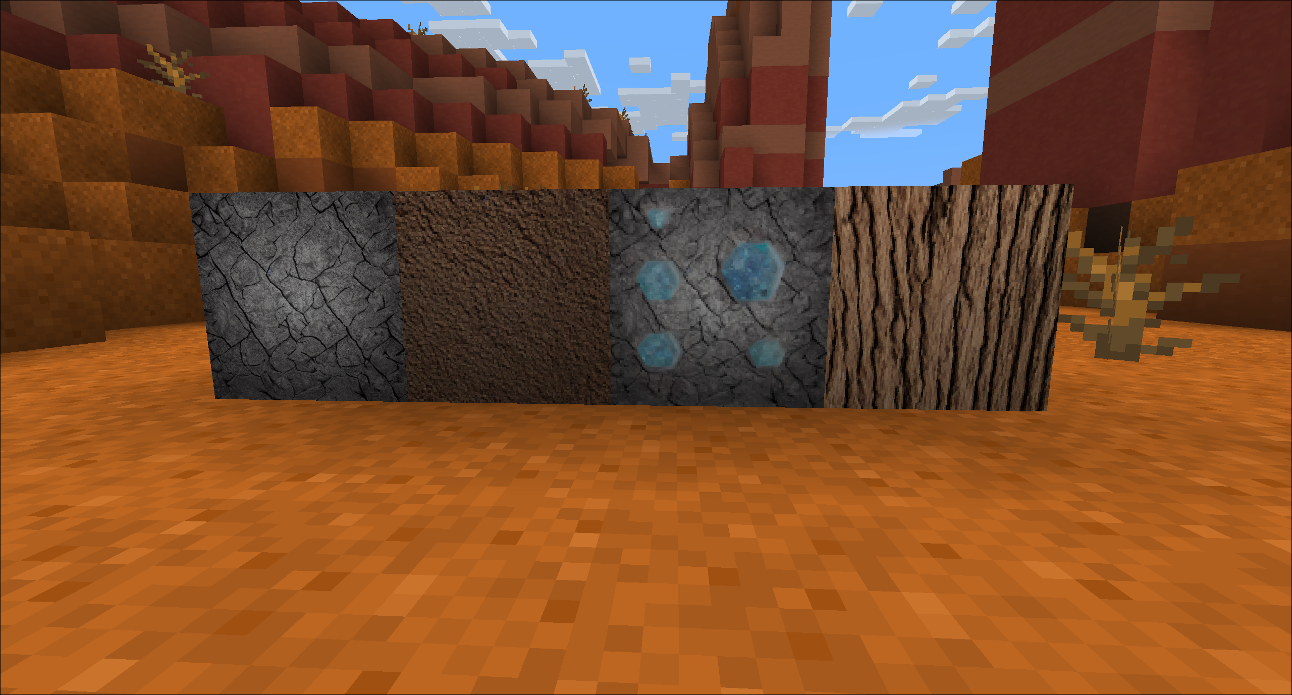 Tekstur kami ditampilkan di Minecraft. Dari kiri ke kanan: Stone, Dirt, Diamond Ore, Oak.