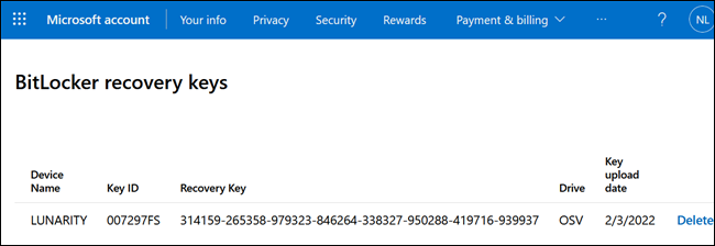 Una clave de recuperación en el sitio web de Microsoft.