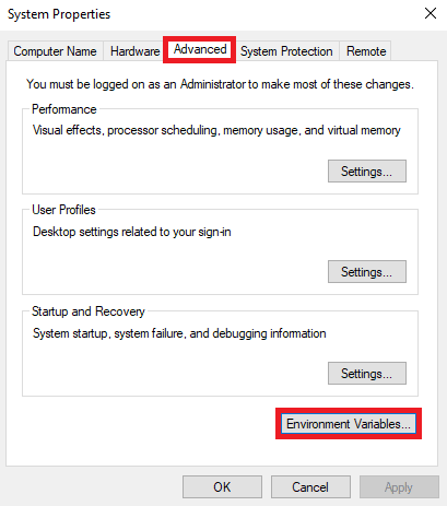 ในแท็บ Advanced ค้นหาและคลิกที่ Environment Variables