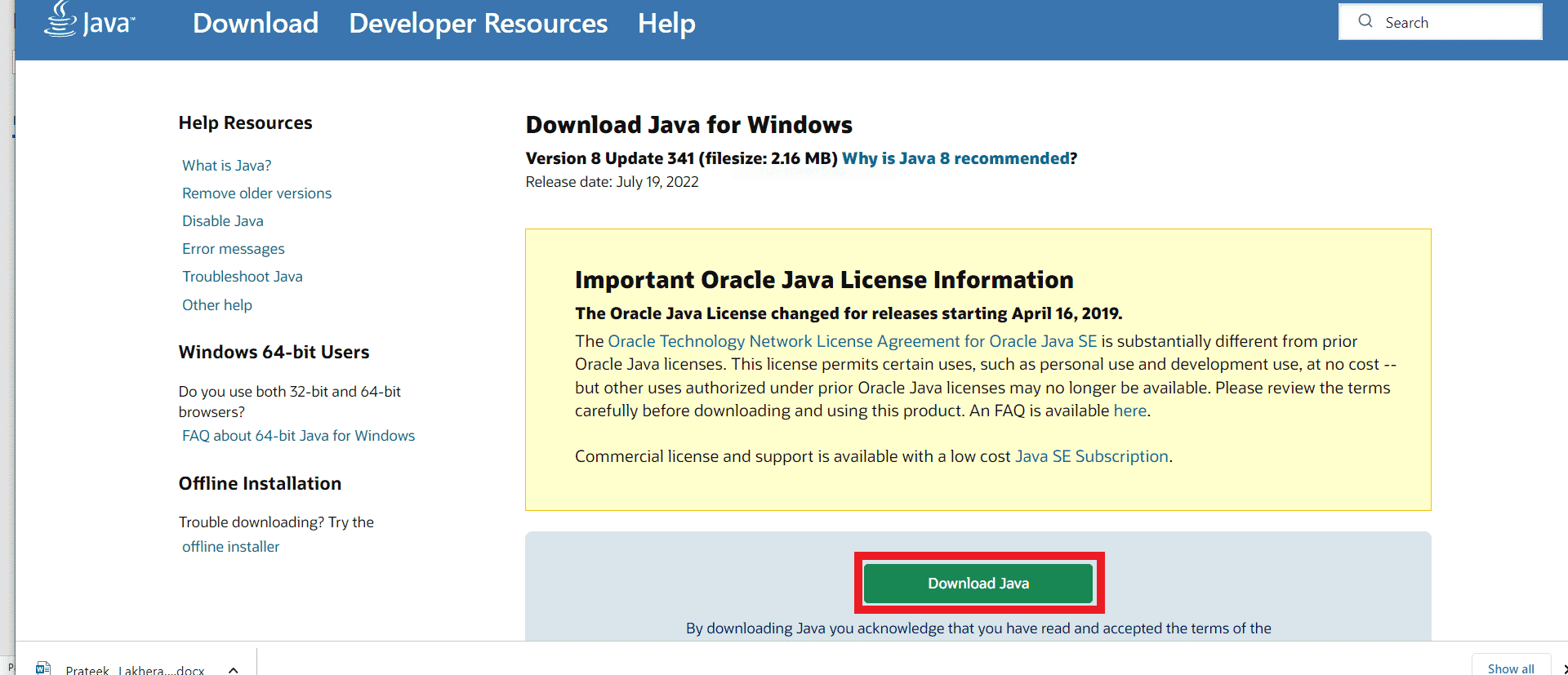 點擊下載java。在 Windows 10 上修復退出代碼 0 Minecraft