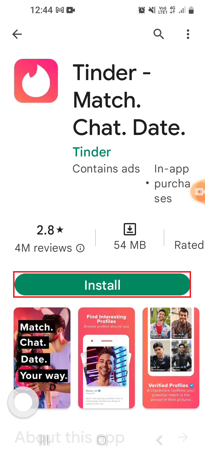 Ketuk tombol Instal. Perbaiki Kecocokan Tinder Menghilang di Android