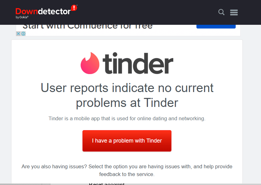 Buka situs web status server Tinder dan periksa apakah server berfungsi di halaman hasil