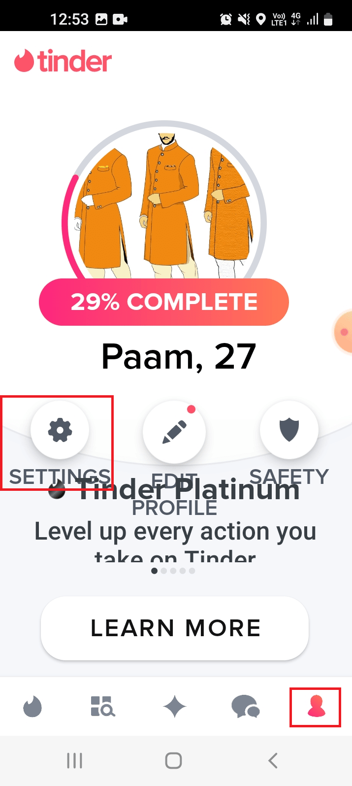 Navegue a la pestaña Perfil y toque el ícono CONFIGURACIÓN. Arreglar coincidencias de Tinder desaparecidas en Android