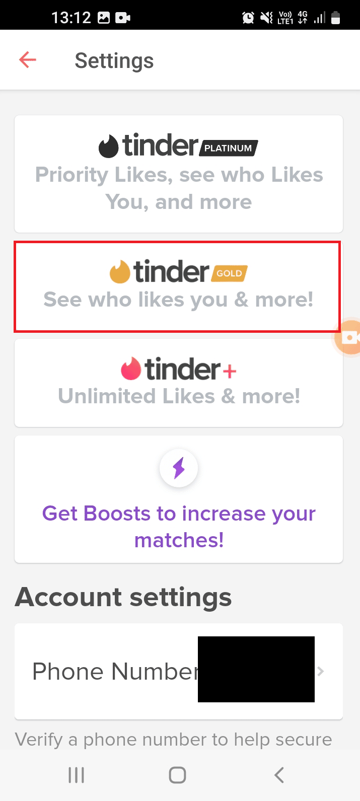 Tinder GOLDオプションをタップします