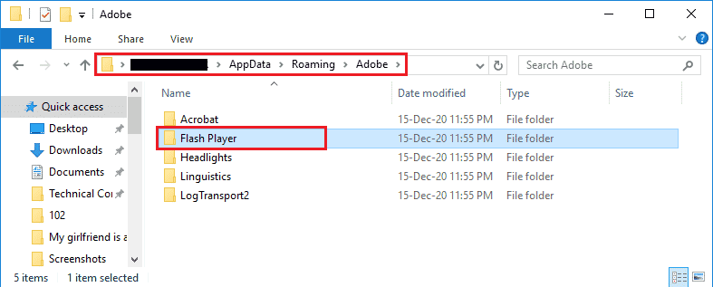 Arahkan ke folder Flash Player dengan mengikuti jalur lokasi dan tekan tombol Delete. Perbaiki Format Sumber Daya Twitch Tidak Didukung di Windows 10