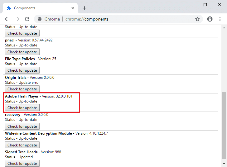 Passa alla pagina dei componenti di Chrome, quindi scorri verso il basso fino ad Adobe Flash Player