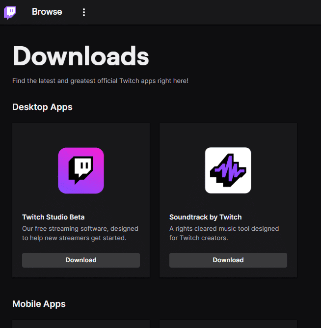 หน้าดาวน์โหลด Twitch