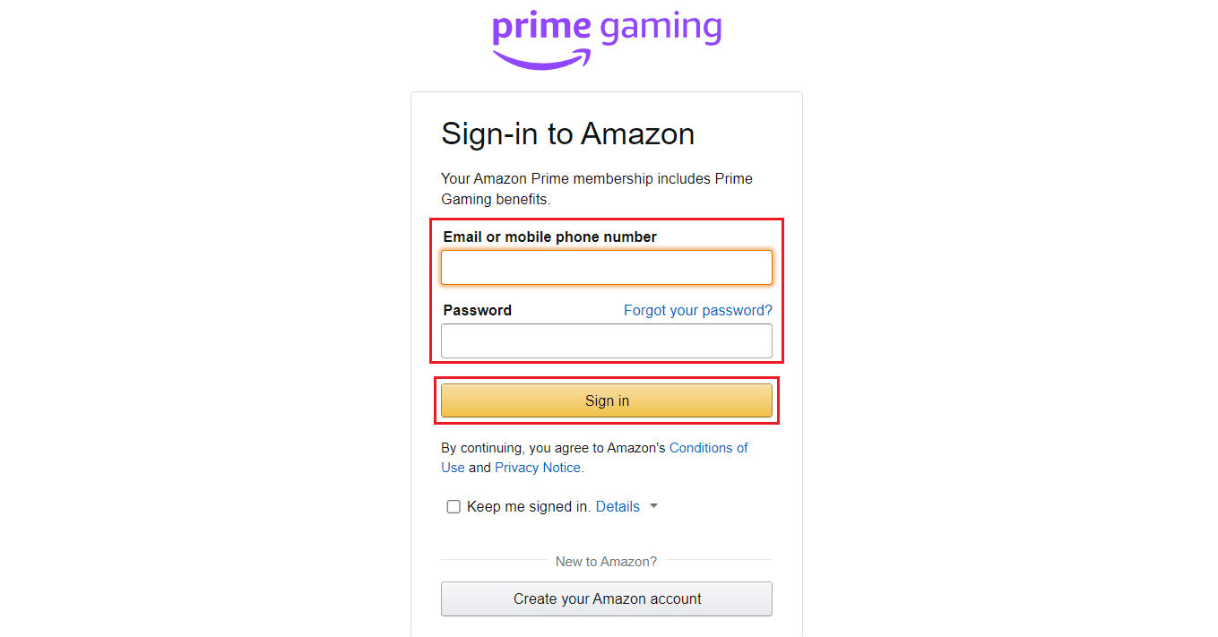 Amazon Prime アカウントの資格情報を入力し、[サインイン] をクリックします。