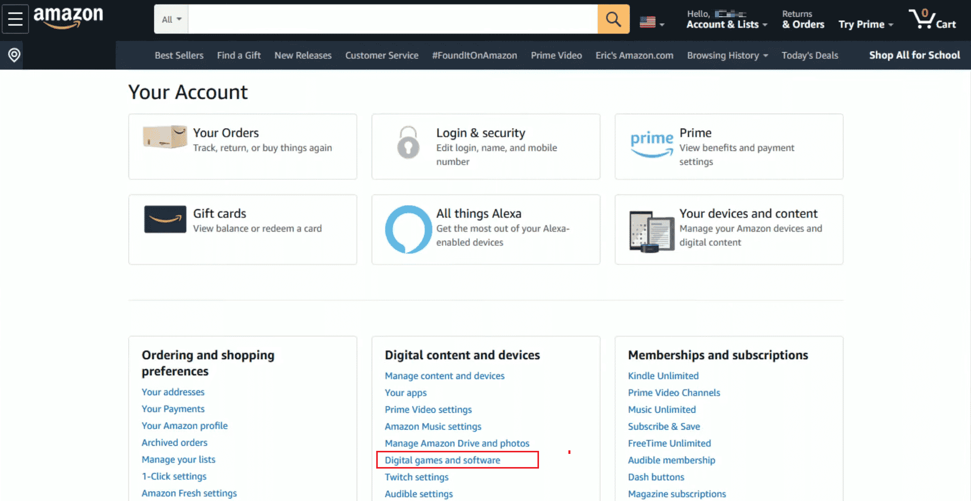 انقر فوق الألعاب والبرامج الرقمية ضمن قسم المحتوى الرقمي والأجهزة | كيفية الحصول على مكتبة الألعاب والبرامج على أمازون | احصل على كود أمازون الرقمي الخاص بك بعد الشراء