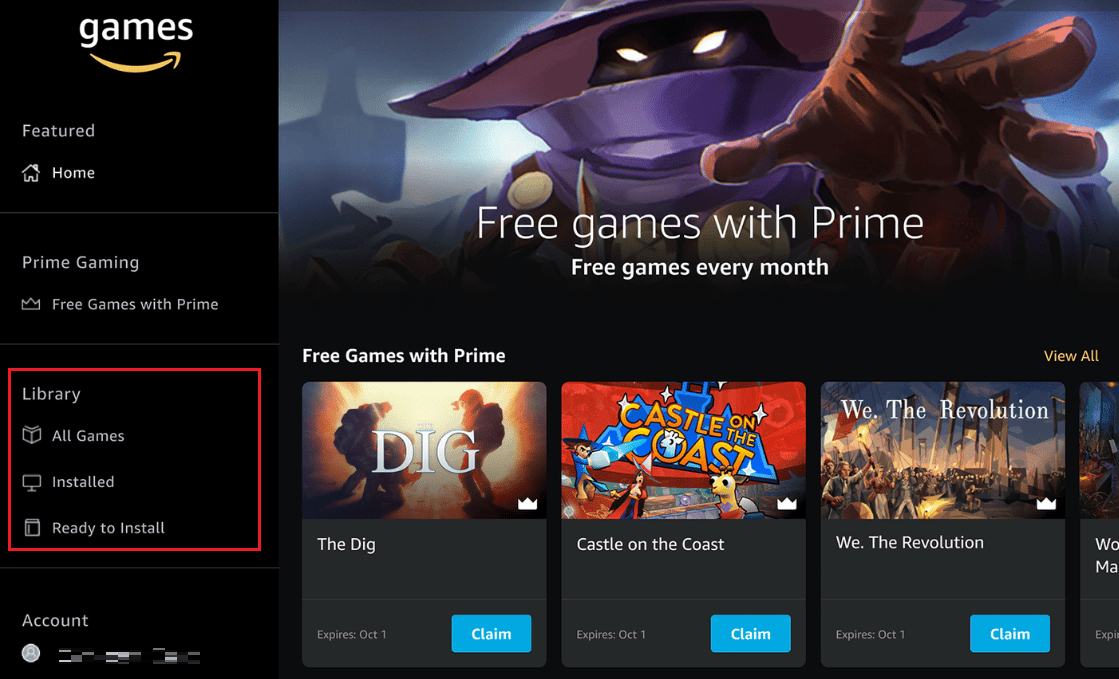 單擊左窗格中“庫”部分中的以下任何選項 | Amazon Prime 和 Prime Gaming 是一樣的嗎