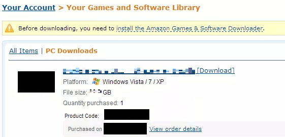 Strona Amazon Your Games and Software Library