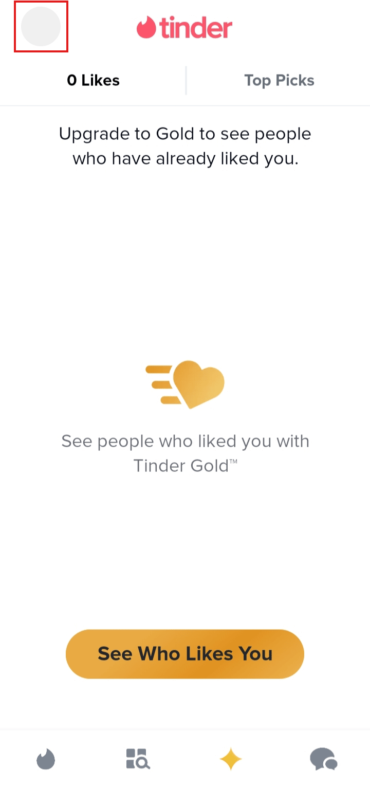 Toque no ícone do perfil no canto superior esquerdo da tela. | por que o Tinder baniu você sem motivo