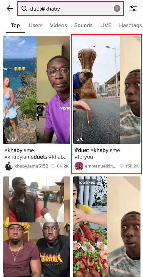 Tippen Sie auf die Suchleiste und suchen Sie nach duet@ Ihrem Benutzernamen. In den Suchergebnissen sehen Sie Duette Ihres Videos | So sehen Sie Stiche auf TikTok