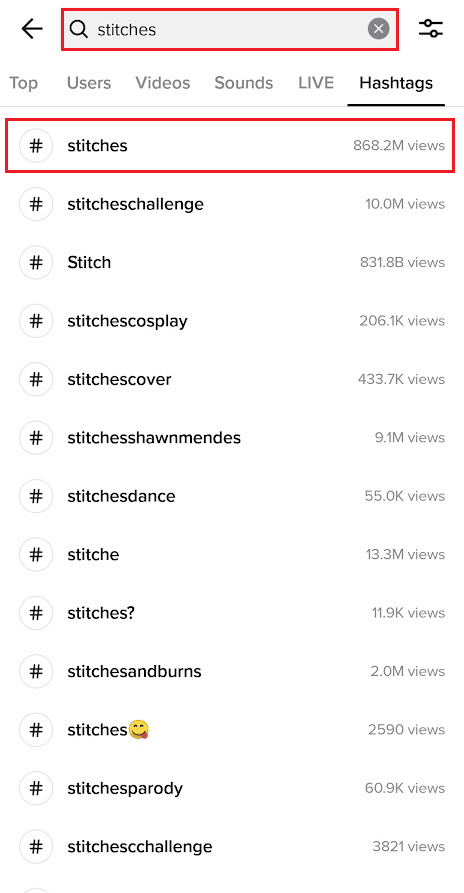 検索バーに「stitches」という用語を入力して検索し、最初の結果をタップします | TikTokでステッチを見る方法