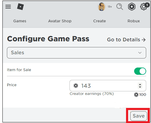 انقر فوق حفظ وسيكون Game Pass الخاص بك متاحًا للبيع