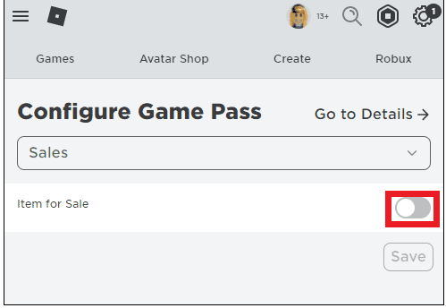 販売アイテムのトグルをオンにします。友達にRobuxを贈る方法