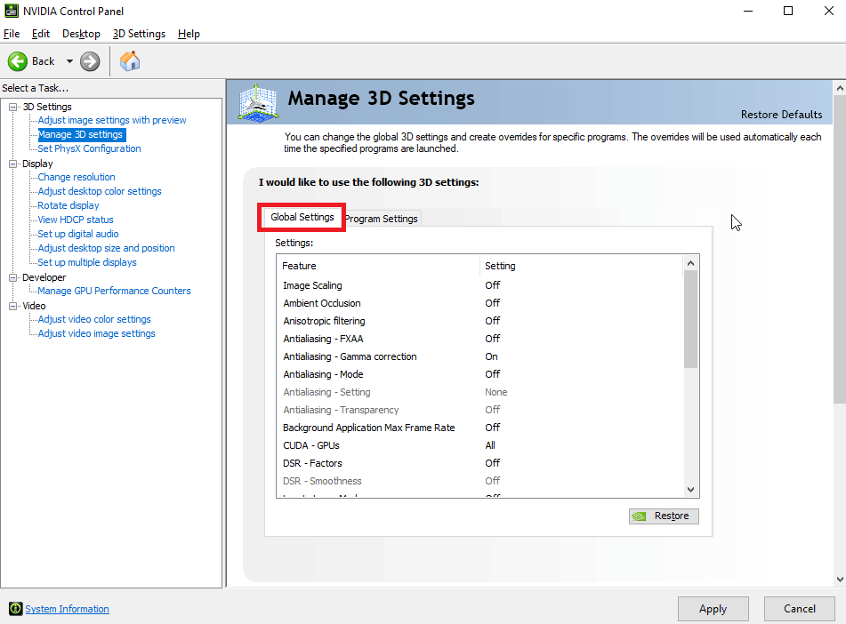 คลิกที่การตั้งค่าส่วนกลาง วิธีใช้ GPU เฉพาะแทนการผสานรวม