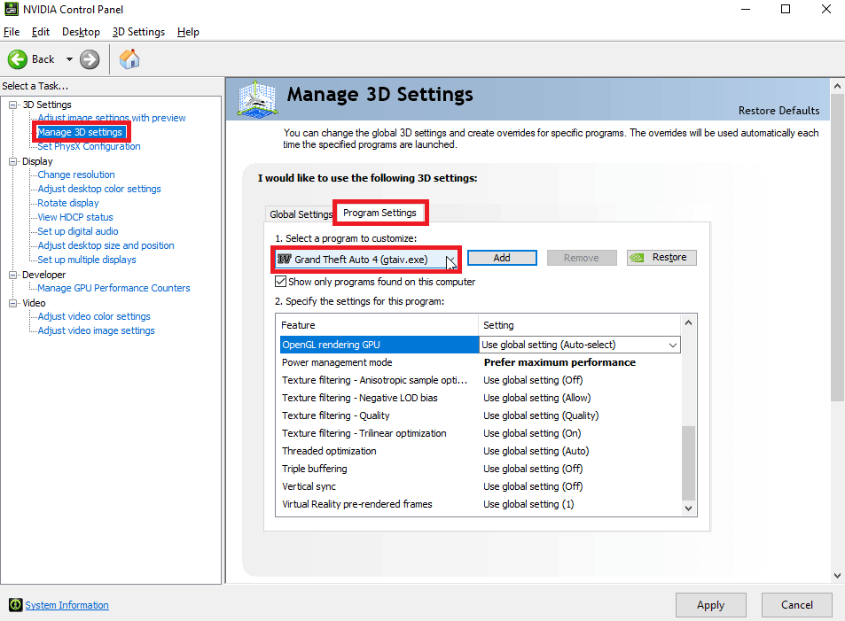 pergi untuk mengelola pengaturan 3d dan klik pada pengaturan program. Cara Memaksa Windows untuk Menggunakan Grafik Khusus