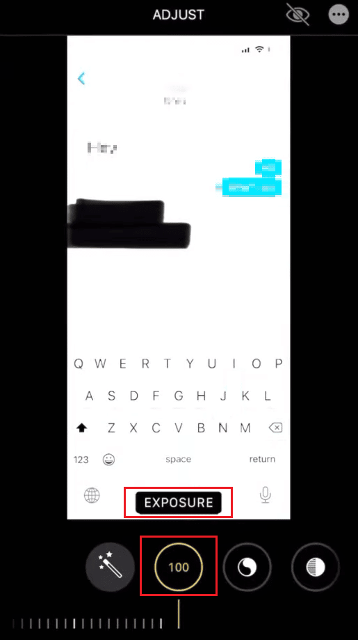 Sesuaikan parameter berikut ke 100 pada skala yang diberikan - Eksposur 100 | Cara Menghapus Coretan di Screenshot iPhone