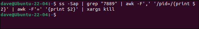 การใช้ไพพ์ที่มี ss, grep, awk และ xargs เพื่อยุติกระบวนการซ็อกเก็ต SCTP