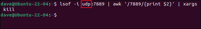 การใช้ไพพ์เพื่อนำเอาต์พุตของ lsof เป็น awk และจาก awk เป็น xargs และ kill สำหรับซ็อกเก็ต UDP