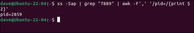 Uso de tuberías para conectar ss, grep y awk para extraer la cadena PID