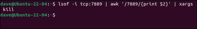 Używanie potoków do przeniesienia wyjścia lsof do awk i z awk do xargs i kill