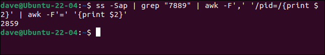 Uso de tuberías para conectar ss, grep y awk dos veces, para extraer el PID