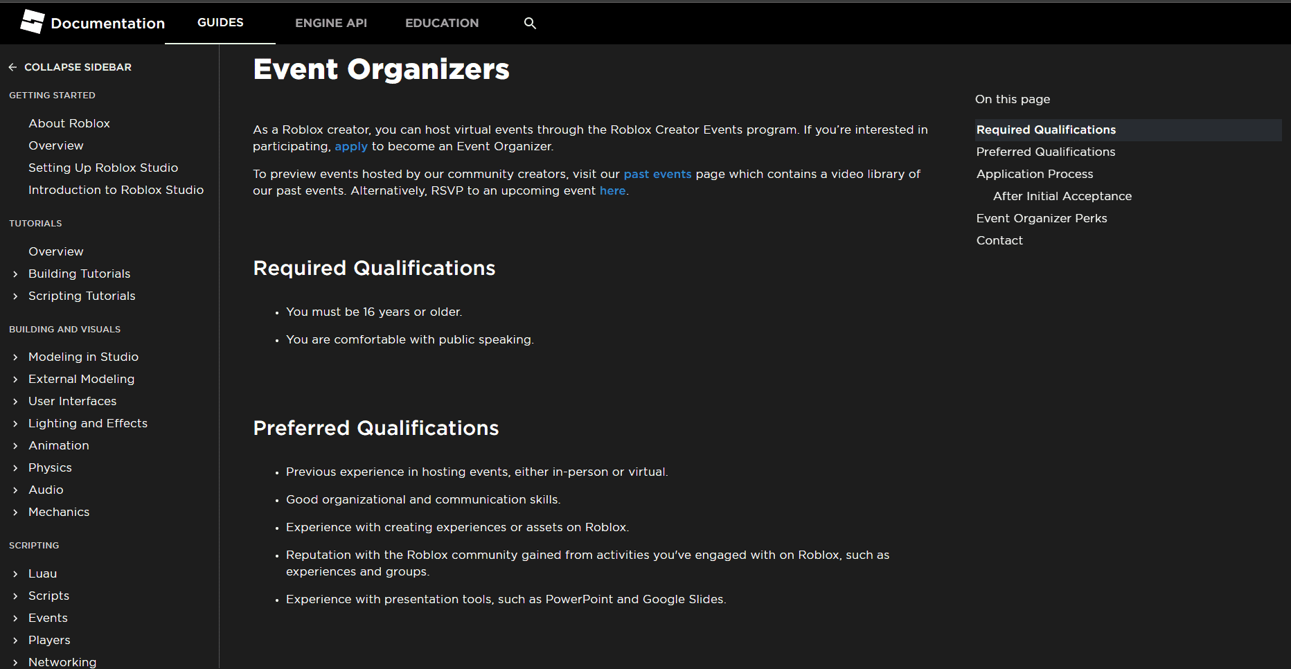 página de documentación de los organizadores de eventos de roblox