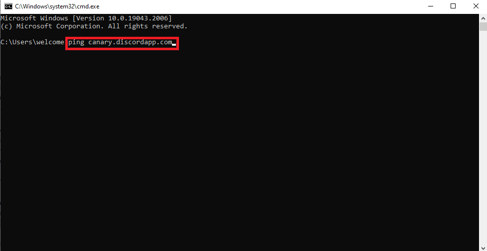 În promptul de comandă, tastați ping canary discordapp com și apăsați tasta Enter