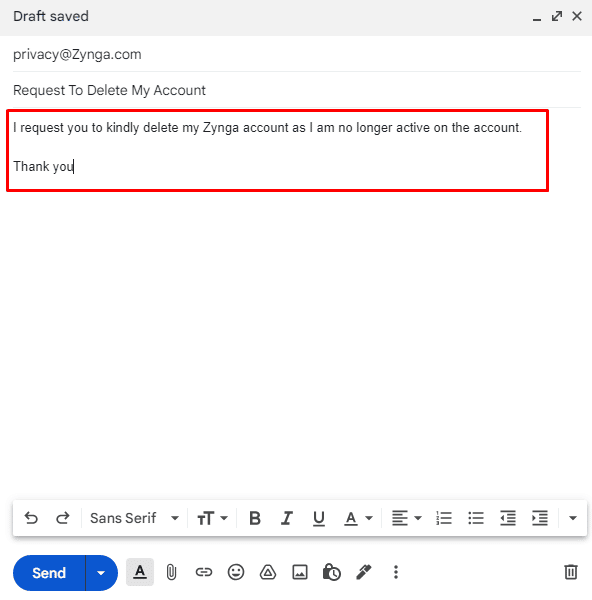 Escriba un correo electrónico solicitándoles que eliminen su cuenta de Zynga y mencione el motivo (si lo hay) por el que desea hacerlo.