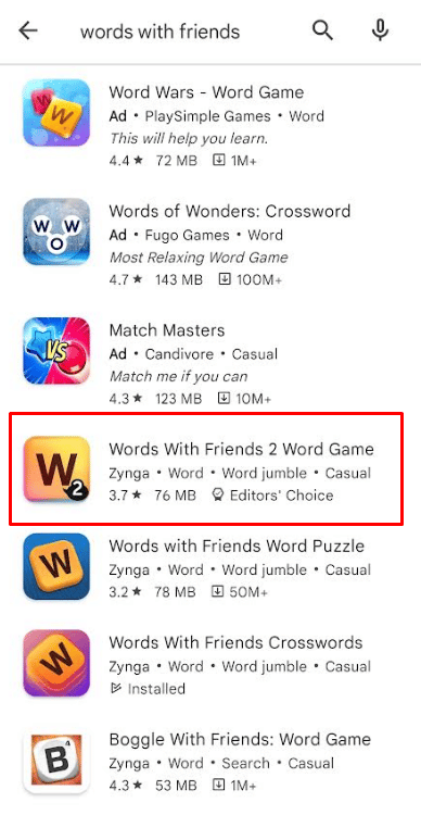 Words With Friends ゲームを検索します。