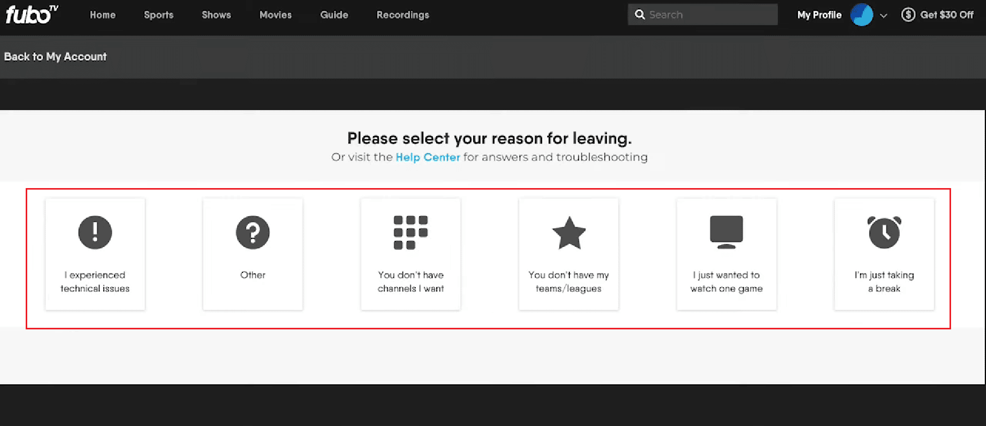 حدد السبب المطلوب للإلغاء الناجح | هل يمكنك إلغاء FUBO واسترداد الأموال؟