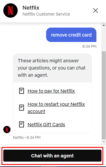 seleccione Chatear con un agente | ¿Cómo eliminas permanentemente tu cuenta de Netflix?