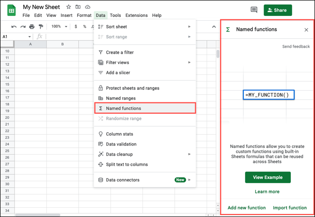 Funciones con nombre en el menú Datos con la barra lateral