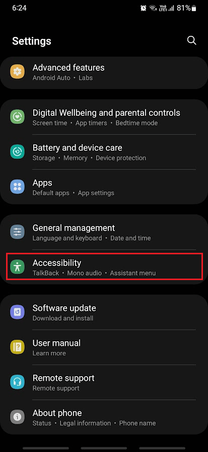 Scorri verso il basso e tocca Accessibilità