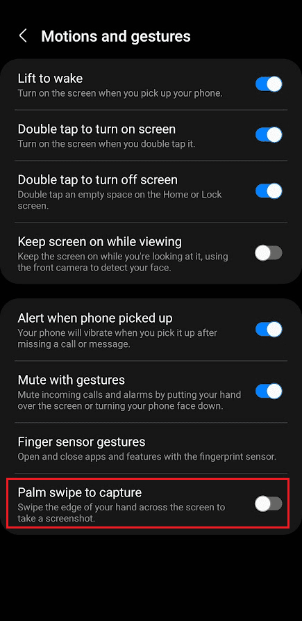 Tippen Sie auf „Palm swipe to capture“, um den Schalter zu aktivieren