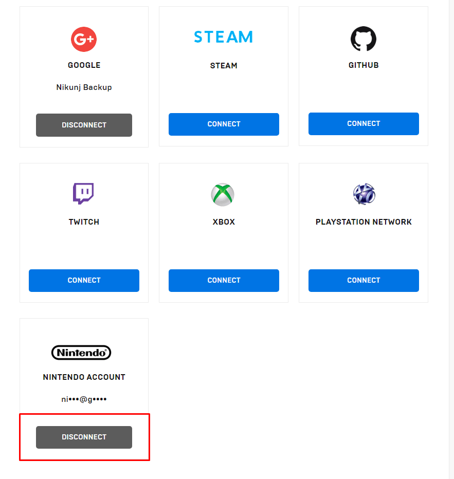 Cliquez sur le bouton DISCONNECT sous le symbole Nintendo | Comment dissocier votre compte Epic Games