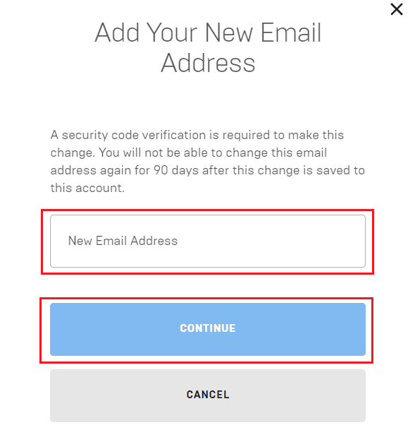 digite seu novo endereço de e-mail no campo fornecido e clique em CONTINUAR | Como desvincular sua conta da Epic Games