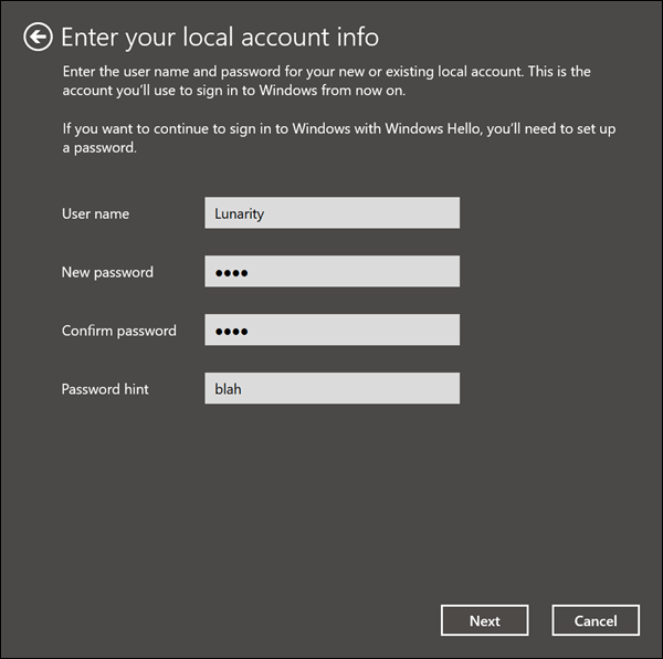 Выберите имя пользователя, пароль и подсказку для пароля при создании локальной учетной записи.