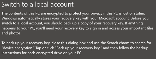 Un message d'avertissement. Si vous utilisez le chiffrement de l'appareil ou BitLocker, vous devez d'abord sauvegarder votre clé de récupération.