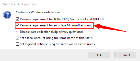 禁用某些 Windows 11 安裝要求。第二個選項“刪除在線 Microsoft 帳戶的要求”是必不可少的。