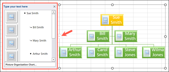 กล่องป้อนข้อความสำหรับกราฟิก SmartArt ใน Excel