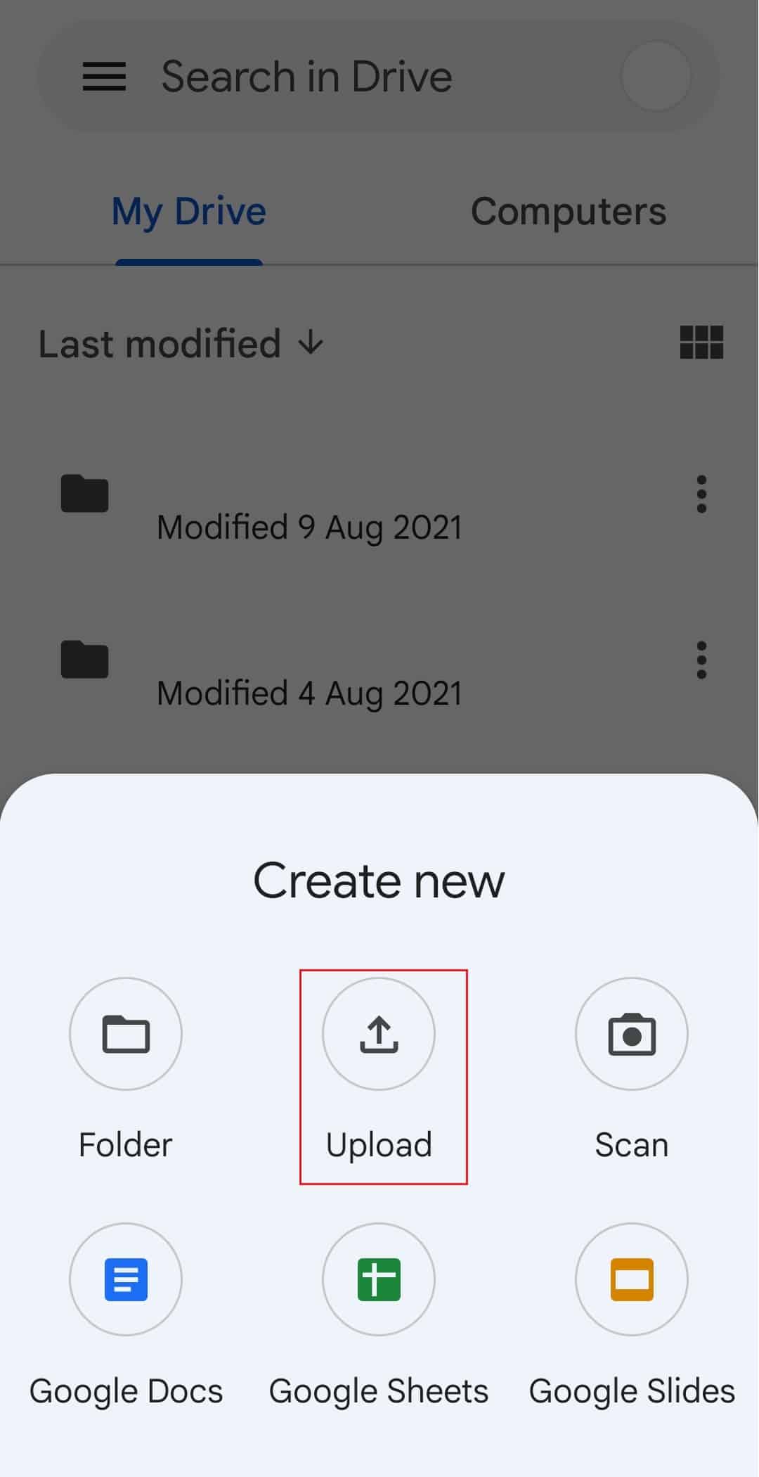 appuyez sur l'option de téléchargement dans l'application Google Drive