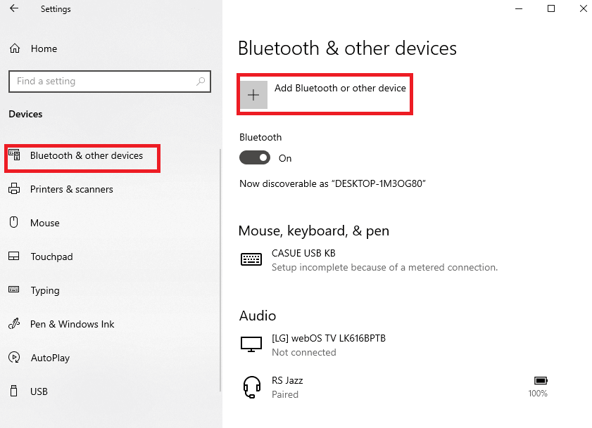 fare clic sul pulsante Aggiungi Bluetooth o altro dispositivo