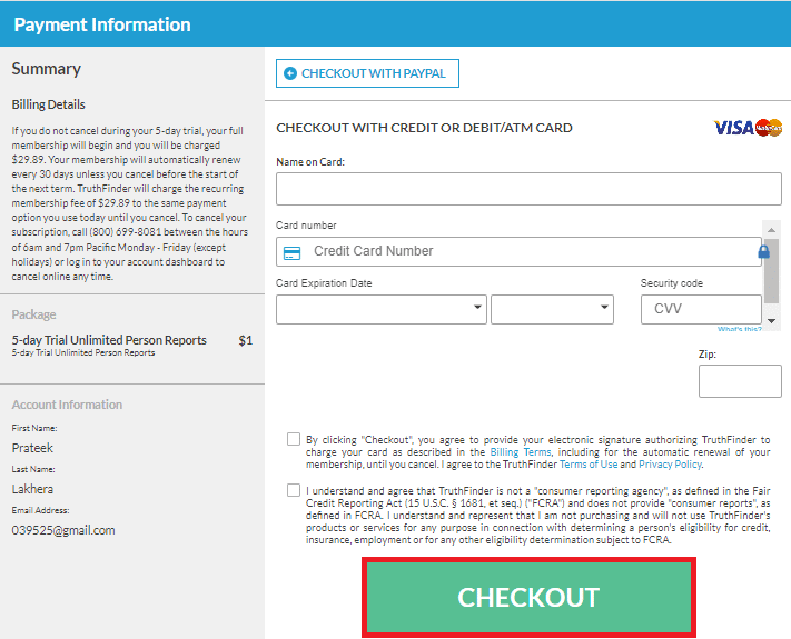 Pada halaman pembayaran masukkan informasi kartu kredit Anda dan klik CHECKOUT untuk mendapatkan penawaran percobaan TruthFinder