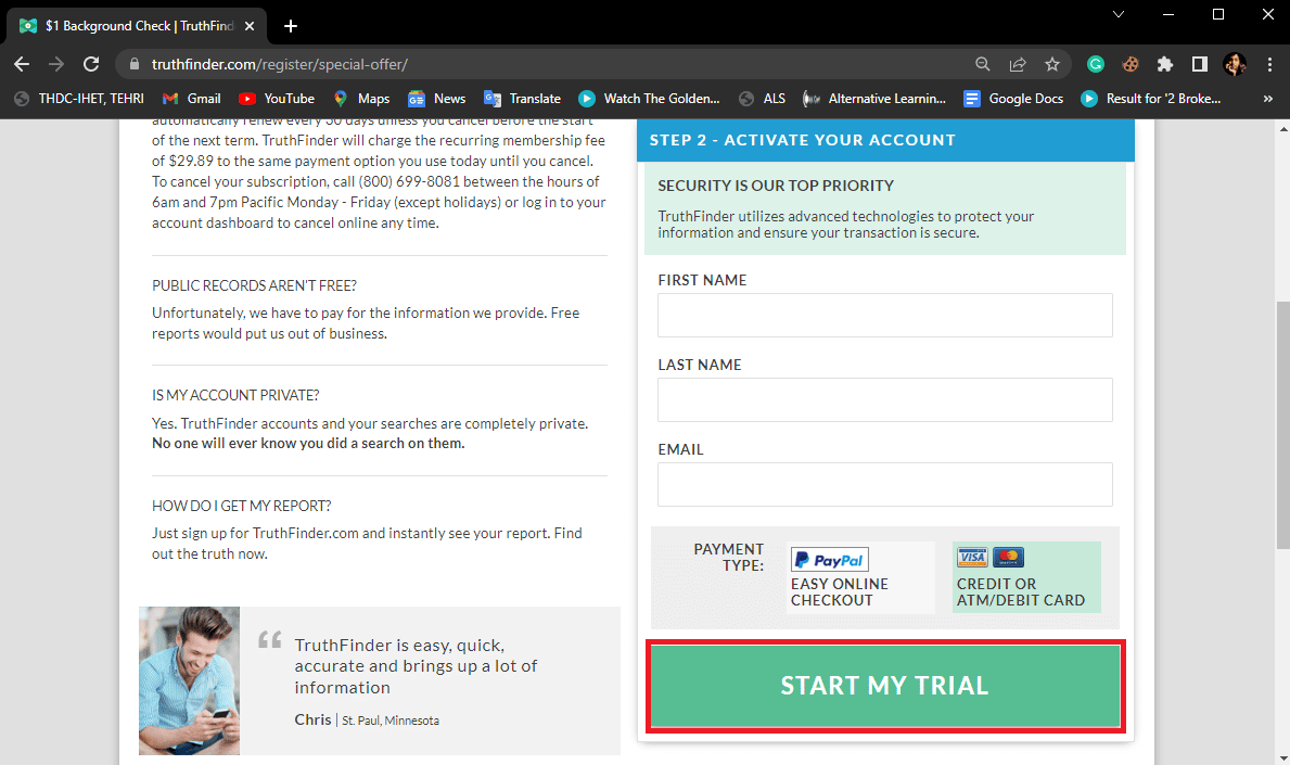 أدخل معلوماتك وانقر على START MY TRIAL للحصول على الإصدار التجريبي من TruthFinder لمدة 5 أيام